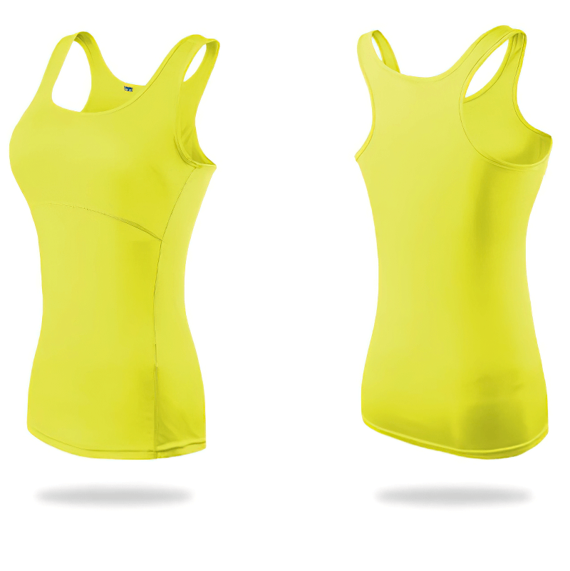 Vibrant yellow female slim tank top with anti-shrink, breathable, and quick-dry features, ideal for yoga or gym workouts.